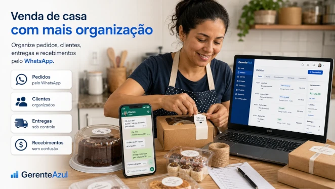 Vendedora informal em casa usando o Gerente Azul para controlar clientes pelo WhatsApp
