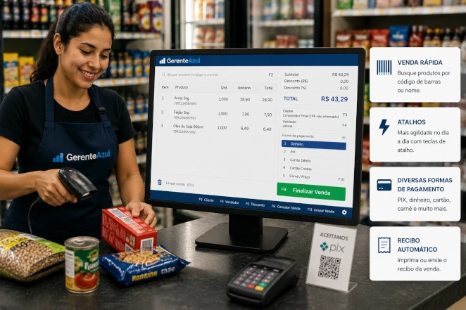 PDV e controle de estoque no Gerente Azul — frente de caixa com leitor de código de barras